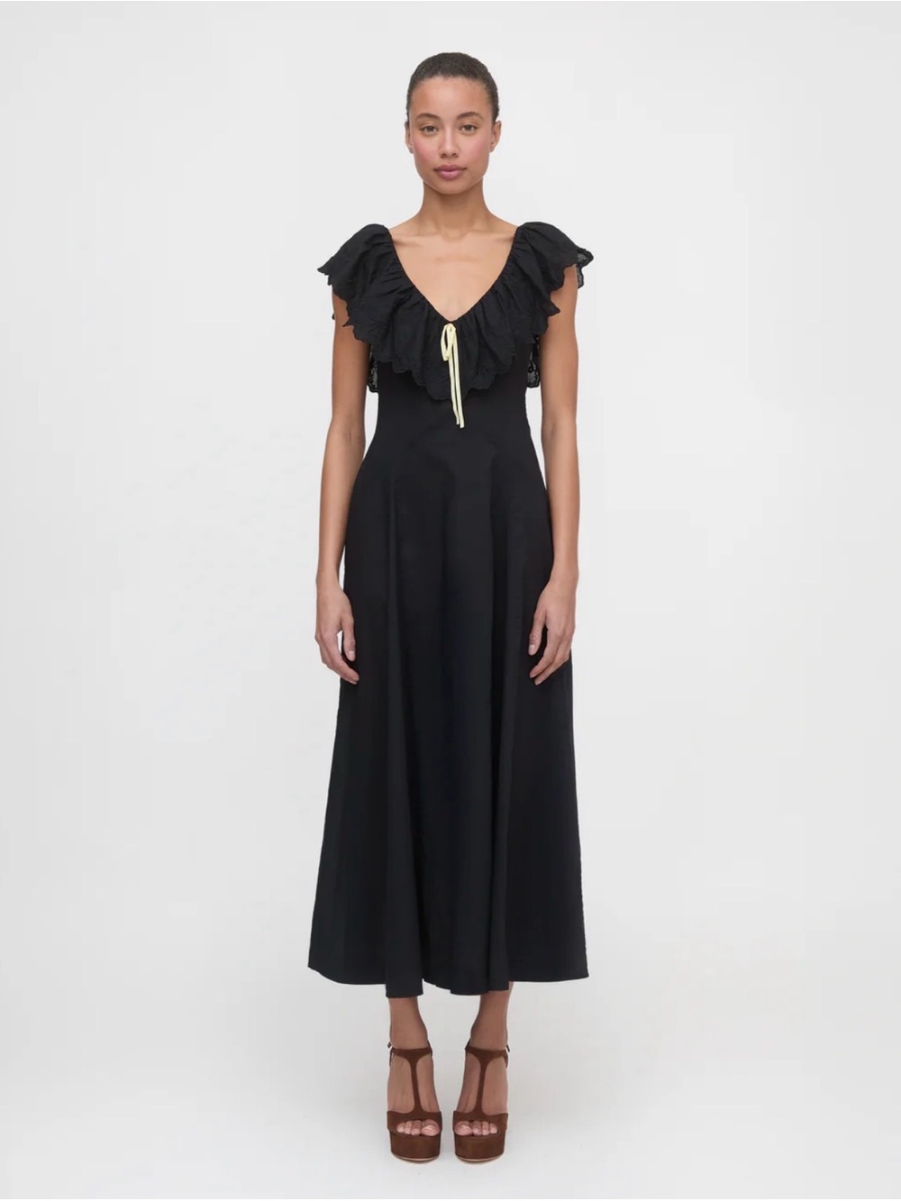 Hill House Black Maxi Dress with Ruffle V-Neck and Cream Tie